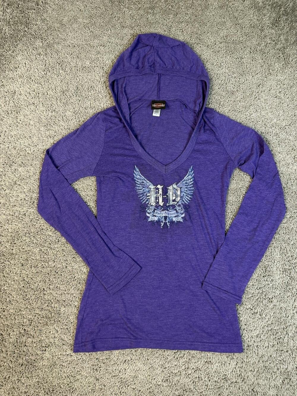 Harley-Davidson Shirt Womens M Purple Hooded V-Neck Jersey Glitter Slim